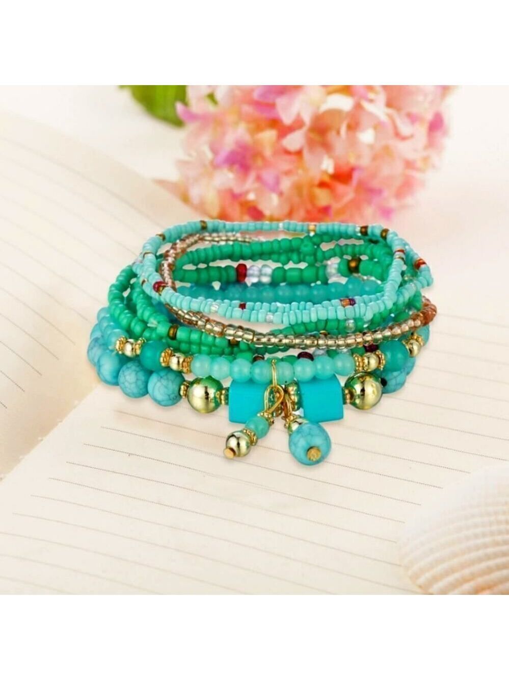 Stackable Bead Bracelets Ladies Stretch Multilayer Bracelet Set Turquois…